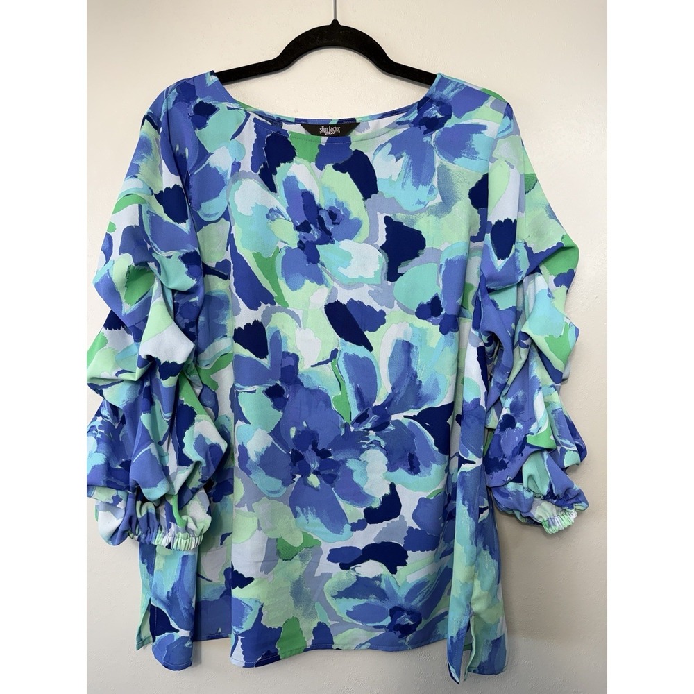 Slim Factor Plus Size Bluesy Watercolor Blouse W Ruffled Balloon Sleeves Size 1X